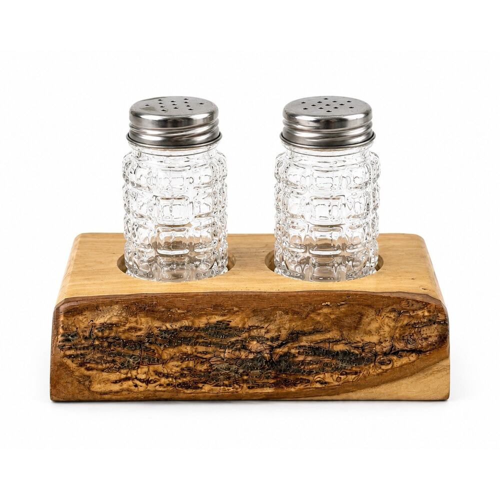 Rustic Wood Salt & Pepper Shaker Holder Set Live Edge Bark Glass Shakers Handmad